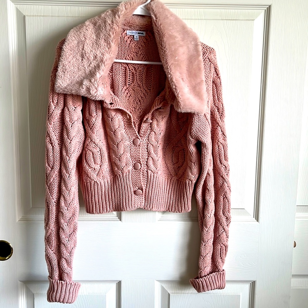 Fashion Nova Medium Pink Fur collar Cardigan